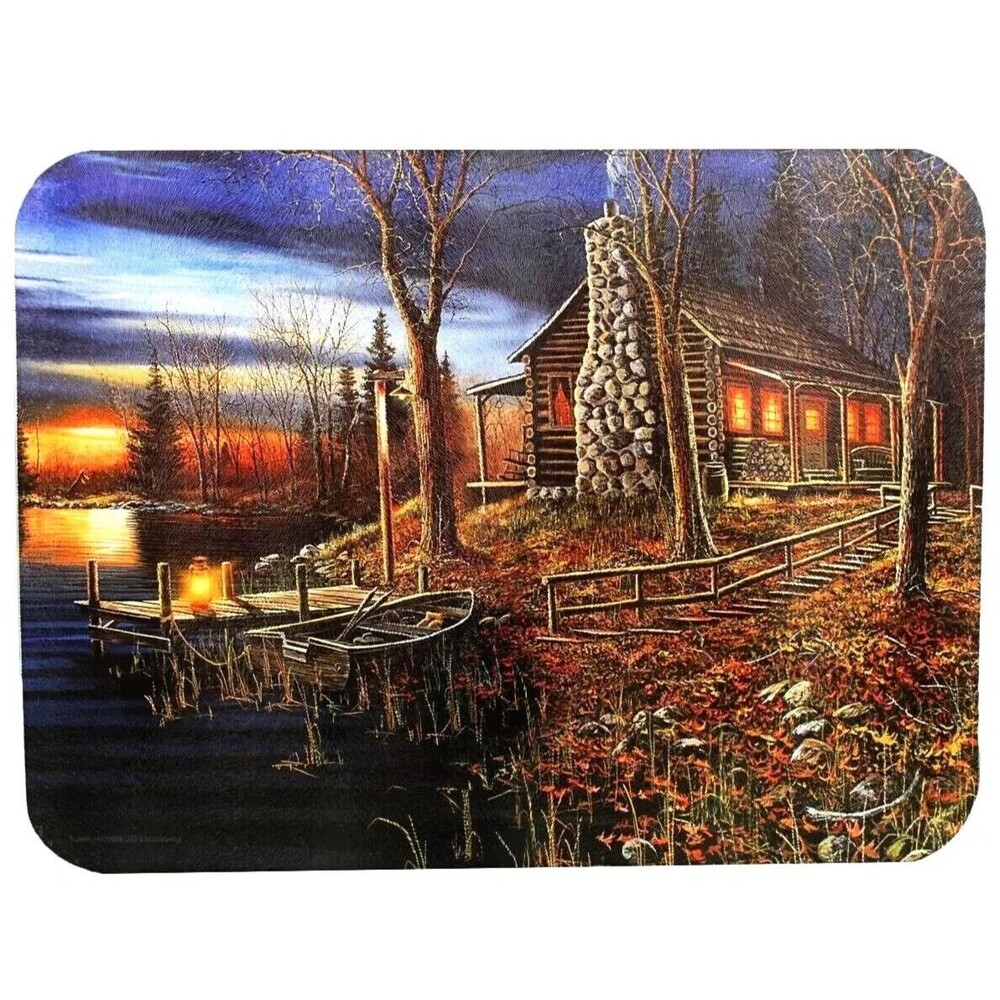 Rivers Edge Lake Cabin Tempered Glass Cutting Board Brown Green Kitchen Gift NEW